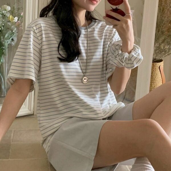 附髮圈條紋圓領T
