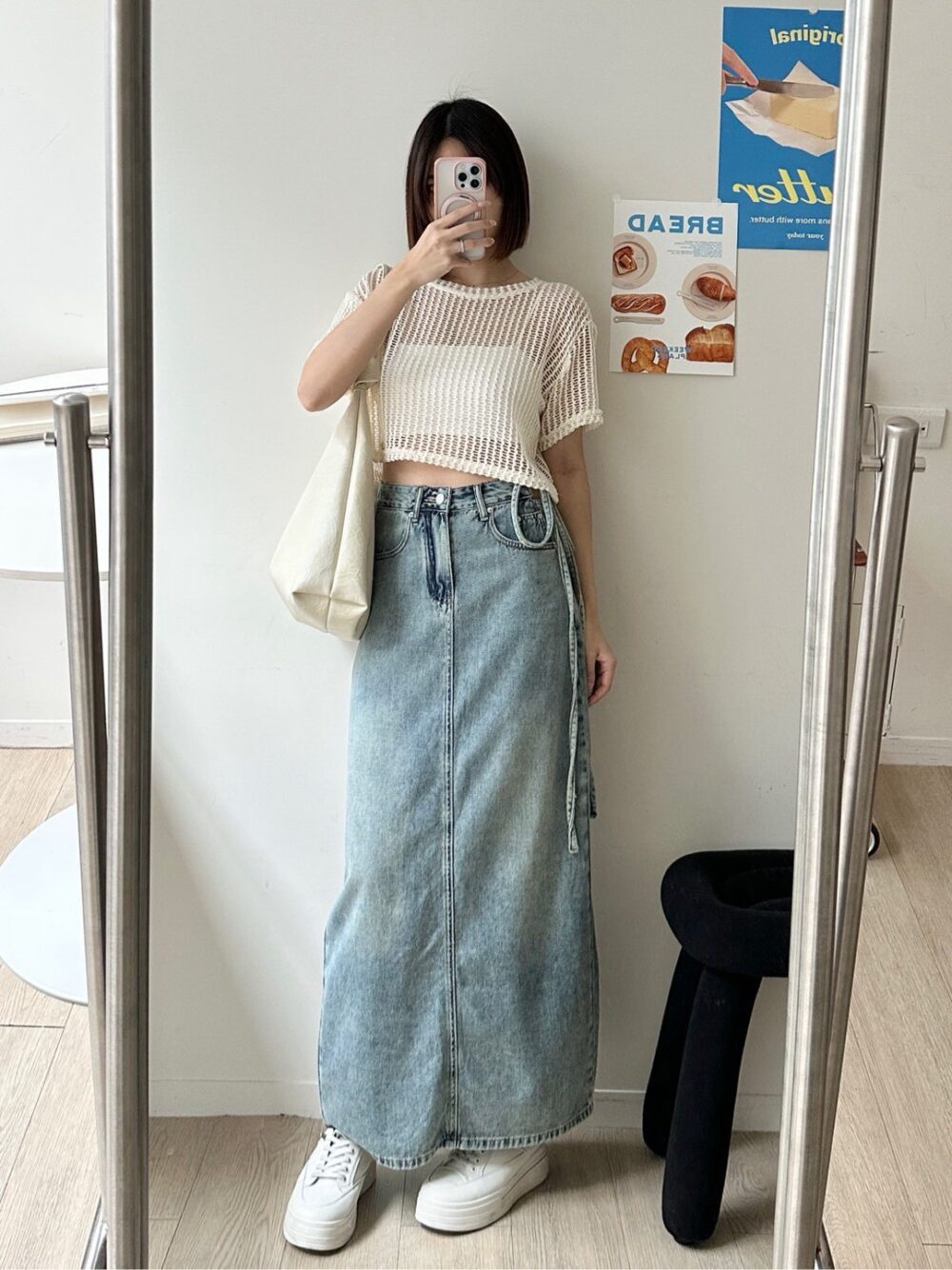 側綁結牛仔長裙